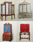 Set of four early 20th century watercolour studies of furniture, framed and glazed, largest image