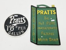 Two Pratts aluminium advertising signs, one in the form of a petrol can ' Pratts, the no.1 pure