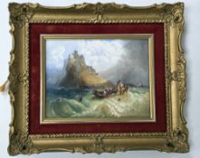 A 19th century Continental porcelain plaque, painted with a boat and figures on rough seas  with St.