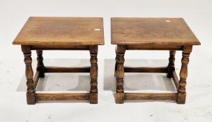 Pair of 20th century oak lamp tables in the 17th century manner, the rectangular tops with thumb
