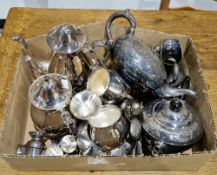 Victorian silver plated teapot with engraved decoration and melon finial, another silver plated