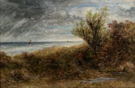 19th century English school Oil on canvas Stormy coastal scene with figure looking out to sea,