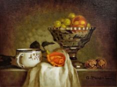 Georges Porcel (1931-?) Oil on canvas Still life with fruit in glass footed bowl, signed lower