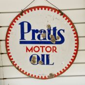 Pratts enamel circular double-sided advertising sign ' Pratts motor oil ' with blue and red