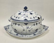 Royal Copenhagen blue and white fluted half-lace pattern large oval two-handled tureen, cover and