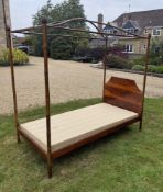 Antique bamboo framed single canopy bedstead, with walnut headboard and shallow footboard, domed