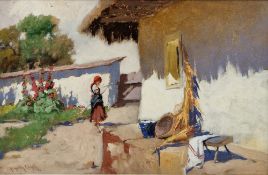 László Neogrady (Hungarian 1896-1962) Oil on board Female figure in a cottage courtyard, signed,