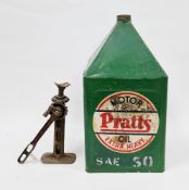 Vintage Pratts advertising pyramid-shaped green oil can, marked ' Motor Oil extra heavy ', 52cm high