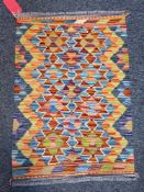 Chobi blue ground kilim with geometric pattern field, single geometric border 89cm x 61cm
