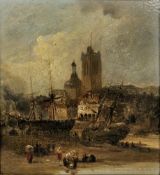 Manner of Georges Jones (1786-1869)  Harbour scene with beached sailing vessels before a town,