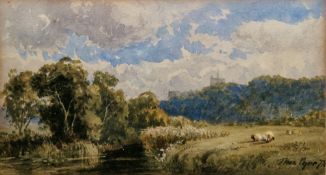 Thomas Pyne (1843-1935)  Watercolour  River scene with sheep in foreground, signed and dated