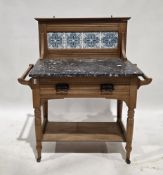 Edwardian satin walnut washstand, with tiled back and marble top, over a single frieze drawer