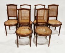 Set of six French mahogany and kingwood inlaid dining chairs, the cross-banded curved top rail