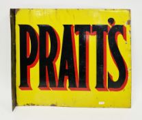 Pratt's enamel double sided advertising sign with black and red writing on a yellow ground, also