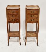 Pair of bedside tables in the French-style of square form with walnut cross-banded veneer and floral