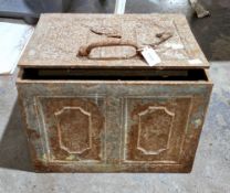19th century cast iron strong box with hinged lid and two loop handles, with key, 31cm high x 41cm