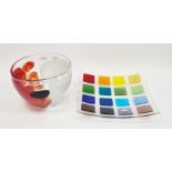 Joe Downs art glass shallow dish, square with four rows of four polychrome raised squares, 37cm