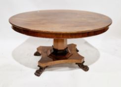 Victorian mahogany oval centre table on a hexagonal panel tapered column and platform base with four