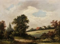 R Percy (British, 19th Century) Oil on canvas Rustic landscape with two figures beside fence,