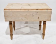 19th century pine pembroke table, of rectangular form, drawer to one end with brass cup handle, on