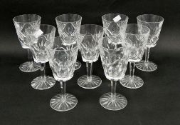 Nine Waterford crystal cut Ashling pattern red wine glasses, each cut with palmettes suspending