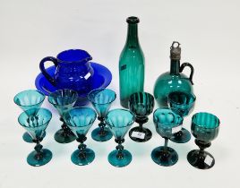 Collection of 19th and early 20th century coloured glassware including a set of six green tinted