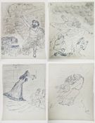 Angela Countess Antrim (1911-1984) Pen and ink Four sketches/designs on lined notebook paper, one