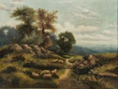 Charles H Passey (1818-1895) Oil on canvas Landscape with sheep resting in foreground, signed
