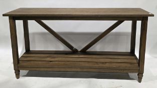 Modern oak console table, the rectangular top on square legs united by a slatted under-shelf, 80cm