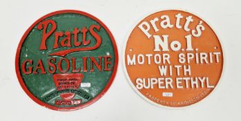 Two Pratts aluminium circular advertising signs, one ' Pratt's No.1 motor spirit with superethyl '