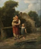 Attributed to Joseph Rhodes (1782-1855) Oil on canvas Woman and her two children on a bridge, signed