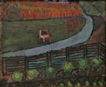 Manner of Heinz Koppel Oil on canvas Garden scene with a bench before an allotment, the reverse