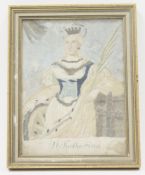 18th century silkwork picture, the printed silk panel depicting St Katharina and her dress with