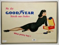 Three Goodyear advertising posters ' Stick-on-soles, what pretty feet ', each featuring a pin-up