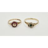 9ct gold and ruby cluster ring, ring size I1/2, and another 9ct gold white and green stone cluster