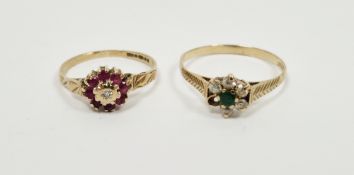 9ct gold and ruby cluster ring, ring size I1/2, and another 9ct gold white and green stone cluster
