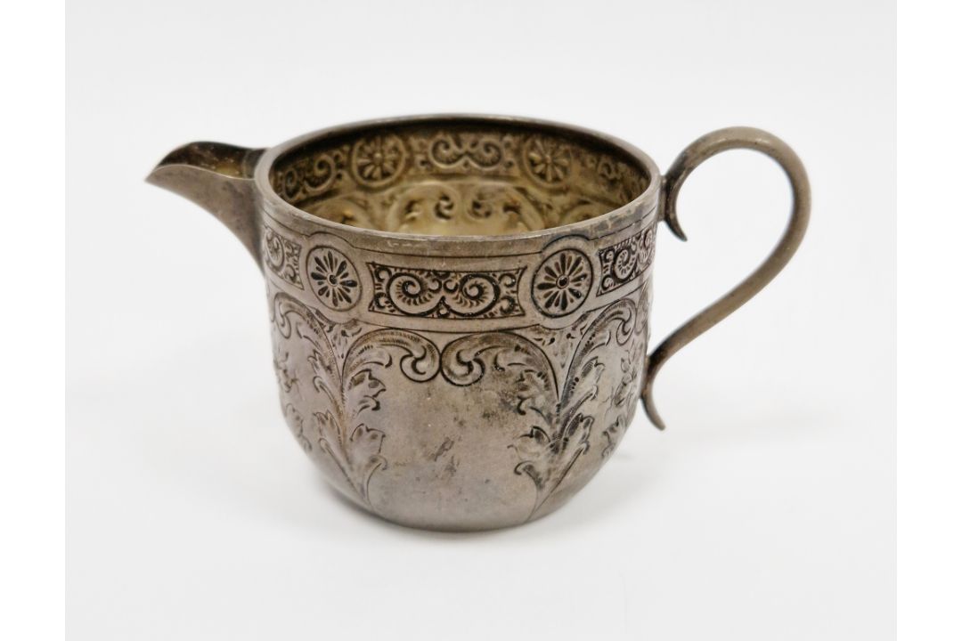 Victorian silver milk jug by Howell & James Ltd, Sheffield 1886, of circular form with engraved - Image 1 of 2
