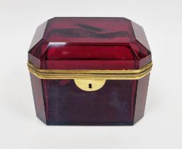 Continental ruby glass gilt metal mounted casket, mid-19th century, of faceted rectangular form