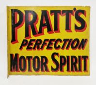 Pratts enamel double sided advertising sign with black and red writing on a yellow ground ' Pratt'