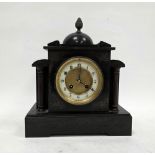 19th century slate mantel clock of architectural form, the gilt and white enamel dial with Arabic