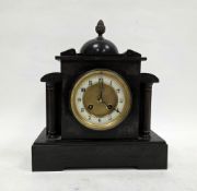 19th century slate mantel clock of architectural form, the gilt and white enamel dial with Arabic
