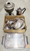 Mixed lot of silver plate and metalware including 19th century Walker & Hall oil lamp base,