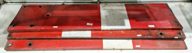 Three red and white enamel railway signal arm home blades, 26cm x 106cm (PLEASE NOTE VAT WILL BE