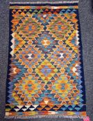 Chobi blue ground kilim with lozenge pattern field, multiple gemometric borders  122cm x 82cm