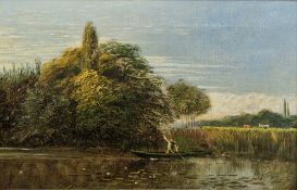 19th century English school Oil on canvas River landscape with man in hunt, 18cm x 28cm and the