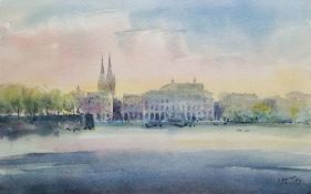 Javier Sagarzazu (Spanish, b.1946) Watercolour View of Bayonne cathedral, France, signed and