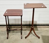 Mahogany rectangular table on hexagonal tapered column and three splayed legs, 77cm high x 40cm wide