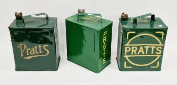 Three vintage Pratts advertising two gallon green petrol cans, all with brass Pratts caps, 32cm high