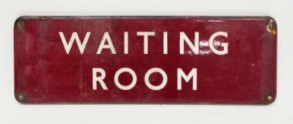 Vintage railway's enamel ' Waiting Room ' sign with white letters on a red ground, 15cm x 46cm (
