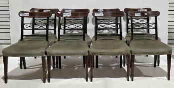 Set of eight early 19th century mahogany and satinwood inlaid bar back dining chairs, with